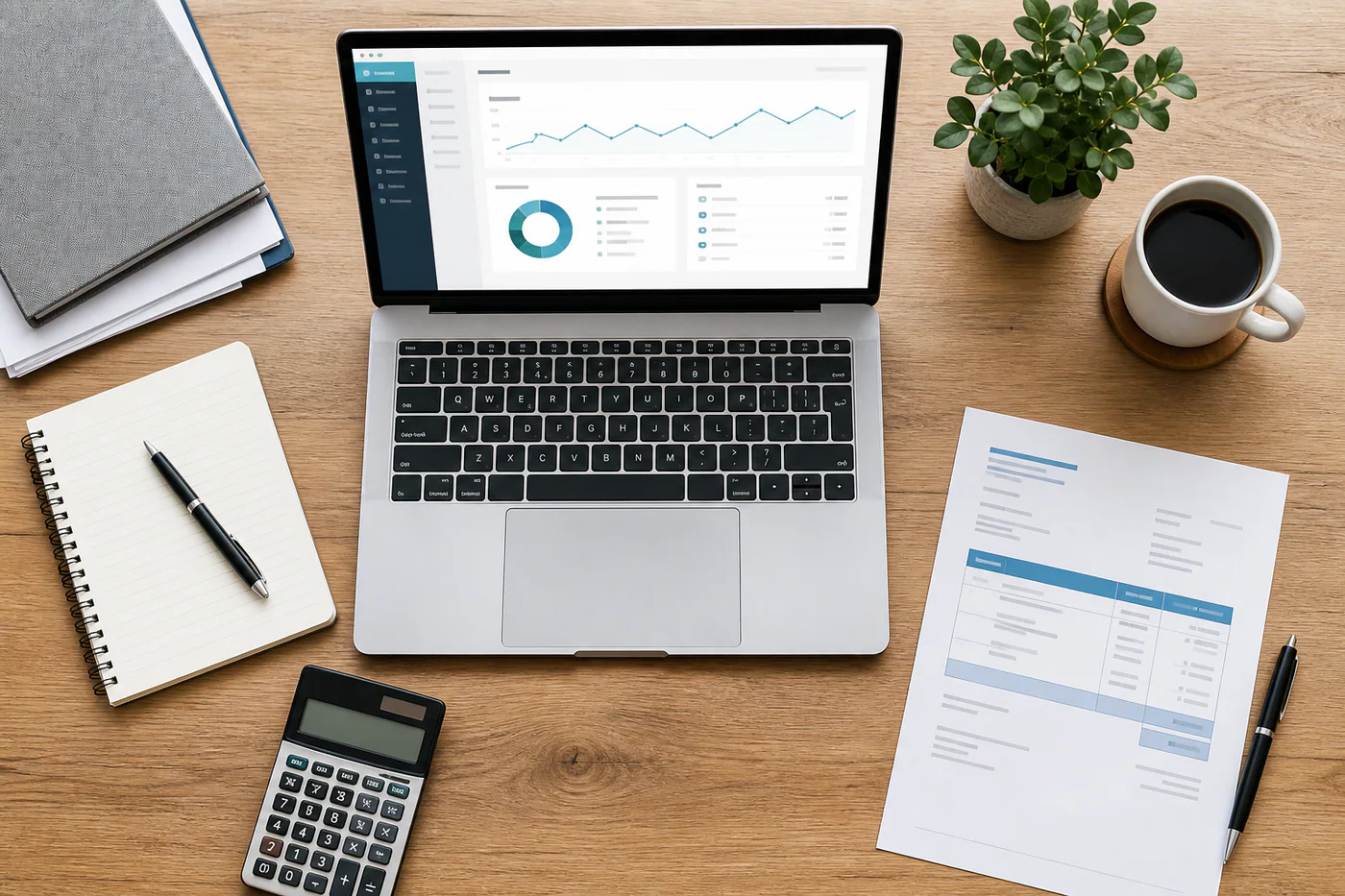 Organized invoicing dashboard beside a notebook and calculator