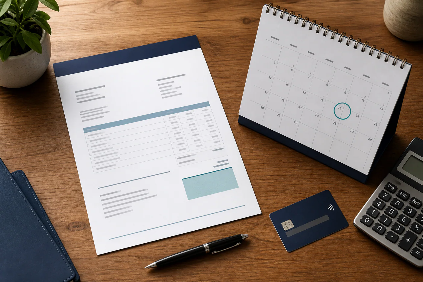 Professional invoice beside a calendar highlighting its due date