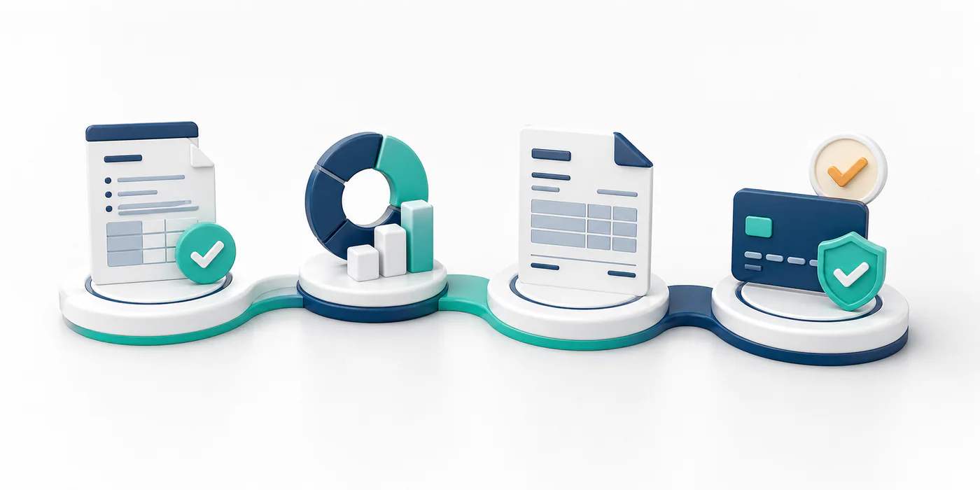 Connected estimate approval invoice and payment steps on a desk